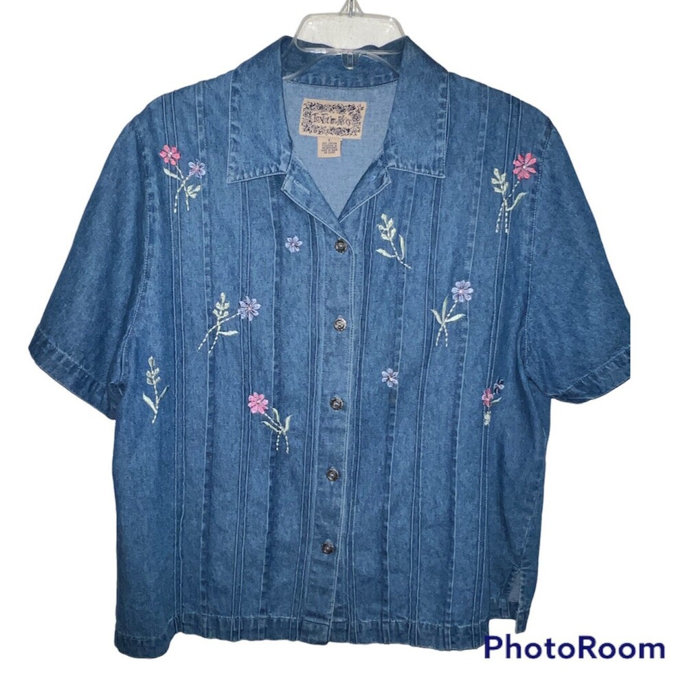 Tantrums Blues Shirt Womens Large Button Front Denim Embroidered Floral boho y2k - Picture 2 of 7